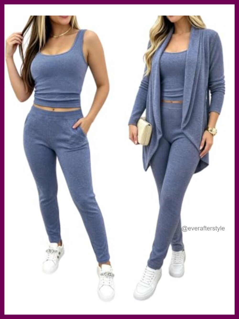 3 Piece Lounge Set Knit Cardigan Tank Top High Waist Pants Casual